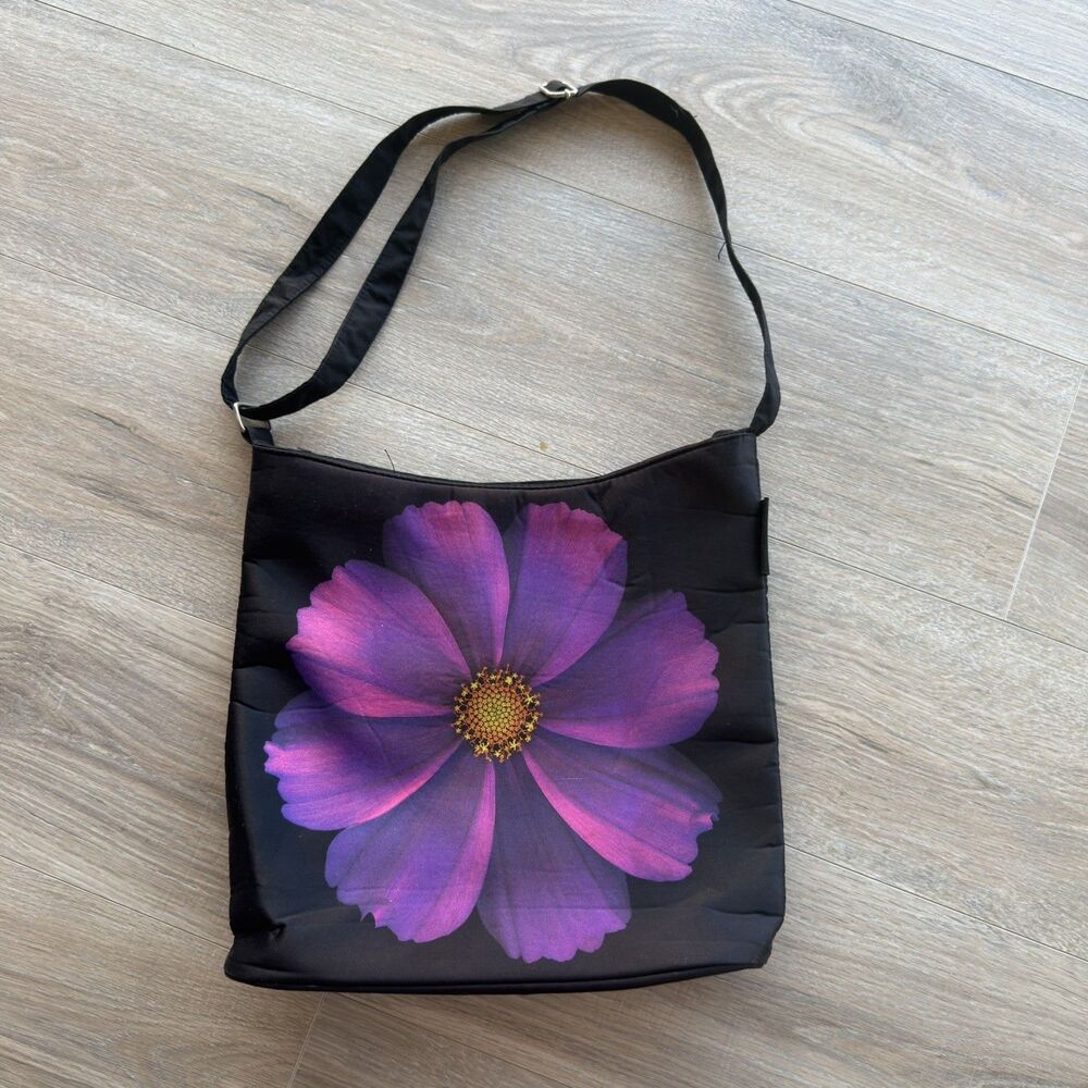 Harold Feinstein Black Crossbody Purse Purple Cosmo Flower Y2K / 90’s VTG Bag